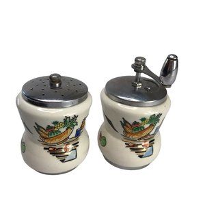 Rare Collectible Set Two Salt Pepper Shakers Grinder Ceramic Woodpecker Woodware